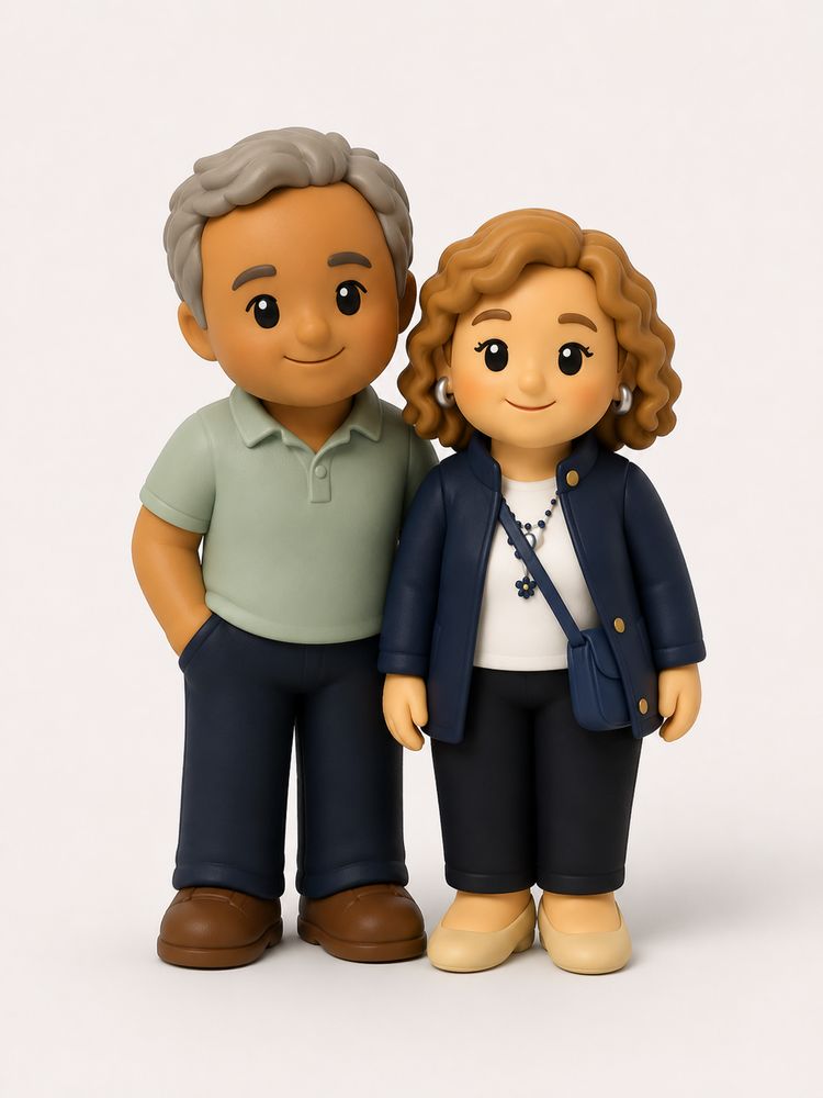 Preview render of the couple as a figurine, him in a green polo, her in a navy jacket